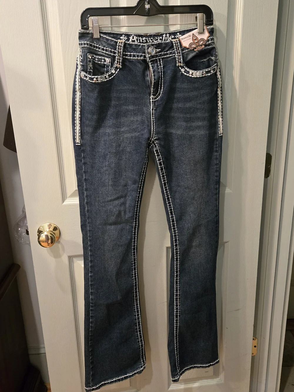 Answer Me Dark Blue Bootcut Jeans with Crystal Studs, Decorative Pockets & Trim